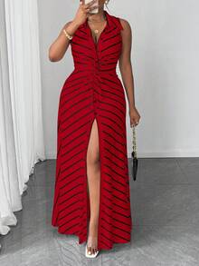 Maweii 大码女式休闲条纹针织扭结设计连衣裙 - 紅色 - 查看 1