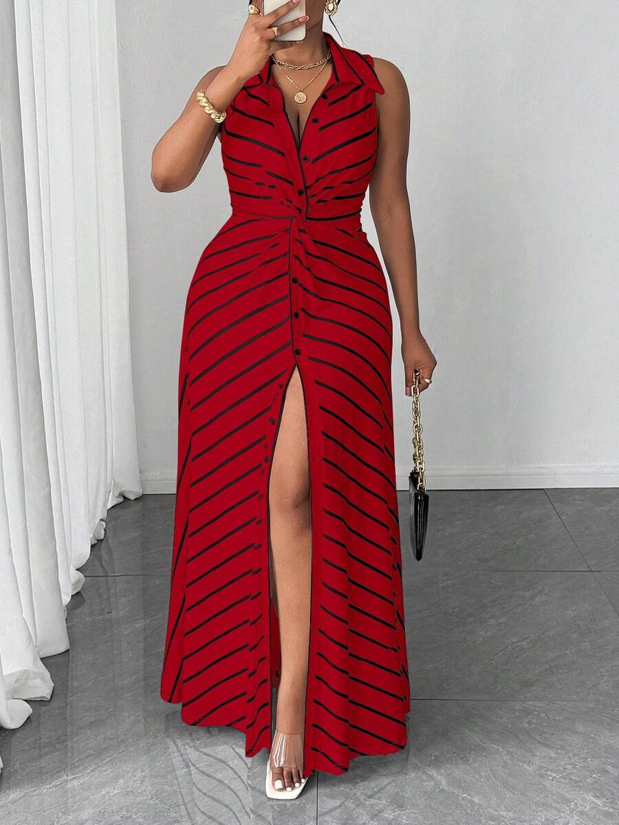 Maweii Váy len dệt kim sọc thiết kế xoắn cỡ lớn dành cho nữ - Đỏ - Xem 1