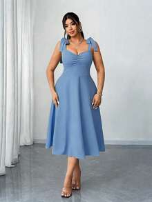 Elenzga Plus Size Women's Elegant Romantic Ruched A-Line Camisole Dress, Red, Spring/Autumn, Christmas - Dusty Blue - View 5