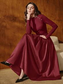 Anewsta 优雅针织拼接腰带装饰 A 字长裙，秋冬季，适合外出、正式场合、派对、时尚、新年、圣诞节、工作、毕业典礼、婚礼等场合。 - 酒紅色 - 查看 3
