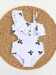 1 pieza Traje de baño cómodo con un solo hombro, volantes y lazo negro decorativo para niñas bebés, adecuado para playa, piscina, , surf, vacaciones y viajes de verano - Blanco y Negro - Ver 5