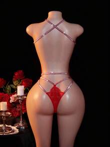 SHEIN Floral Lace Cut Out Halter Teddy Bodysuit Lingerie Bridal Lingerie For Rave - Red - View 2