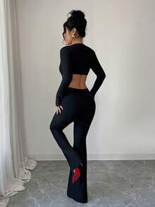 Rafferiza Sexy Fashion Long Sleeve Cropped Metallic Decor Jumpsuit, Suitable For Autumn/Winter Party - Black - View 2