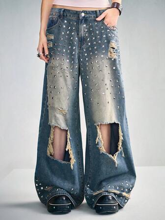 Grunge Punk Punk Stil Destroyed Zerrissene Weite Unisex Jeans