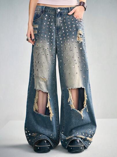 Grunge Punk Punk Stil Destroyed Zerrissene Weite Unisex Jeans