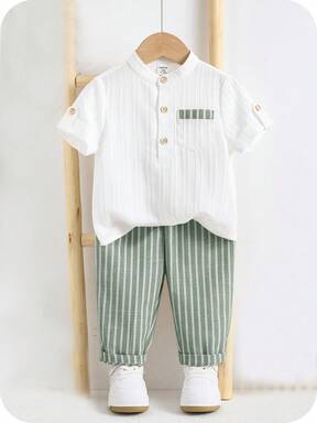 SHEIN Conjunto de 2 piezas de camisa de cuello mao gris casual de estilo escolar y pantalones elásticos a rayas para niño pequeño, adecuado para fiesta de cumpleaños, fiesta de noche, actuación, boda, baby shower, celebración del 1er cumpleaños