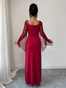 SHEIN Elenzya Váy dài tay loe ren thắt eo cho nữ, thanh lịch khi đi làm hàng ngày, thời trang, ngày lễ, phong cách đường phố Pháp, đa năng, thích hợp cho ngày lễ tình nhân, hẹn hò, tiệc tùng, năm mới, màu đỏ tía, đầu xuân/thu đông, váy dài tay mới về - Đỏ - Xem 2