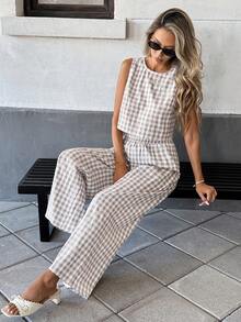 Pariaura Bộ áo khoác cardigan kẻ caro không tay và quần dài cho nữ - Màu be - Xem 4