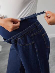 Momance Adjustable Waist Loose Fit Maternity Wide Leg Jeans, Navy Blue - Navy Blue - View 7