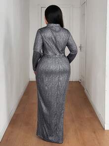 Maweii Plus Size Fashionable Long Sleeve Cinched Waist Slit Bodycon Dress - Black - View 5