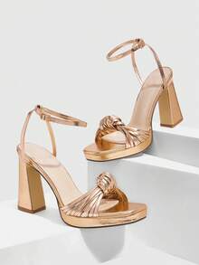 CUCCOO SZL 女士夏季新款时尚性感香槟色高跟鞋，编织带扭结方头粗跟凉鞋，正式礼服派对鞋 - 香檳色 - 查看 2