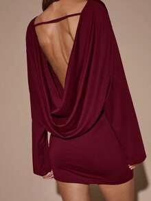 SHEIN BAE Abito mini autunnale/invernale in colore marrone/caffè, a maniche lunghe, con scollo profondo e schiena scoperta, sexy e morbido, adatto per cocktail festa, appuntamenti romantici, raduni, eventi formali, damigella, uscite serali, Ognissanti, Natale - Bordò - Visualizzare 5