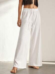 Ocili Women's Loose Fit Bamboo Knit Drawstring Ankle Length Pants, Comfortable Cotton Loungewear Bottom - White - View 5