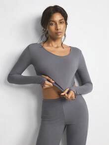 Ocili Women's Solid Color Long Sleeve Round Neck Fitted Crop Top & Pants Casual Lounge Set, Winter Clothes - Grey - View 6