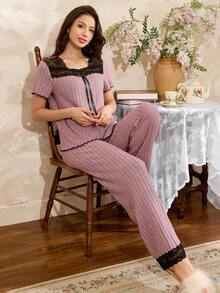Côtesoire Conjunto de pijama francês casual com detalhes em renda e mangas curtas - Rosa - Ver 4