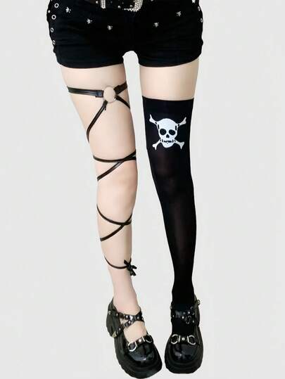 Grunge Punk Calze al ginocchio stile gotico a righe bianche e nere con stampa teschio, moda punk Y2K da strada, adatte per feste, raduni, eventi sociali, Ognissanti