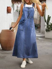 EMERY ROSE Plus Size Women Button Design Casual New Loose Denim Jumpsuit Dress - Blue - View 5