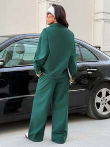 SHEIN EZwear Camisa con hombros caídos y ribete de contraste y pantalón de pierna ancha - Verde Oscuro - Ver 2
