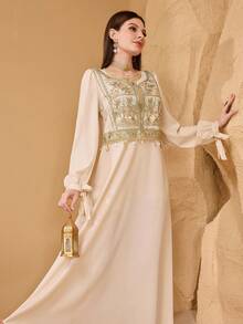 Al Najma 时尚新款装饰领阿拉伯风格女装 - 杏色 - 查看 5