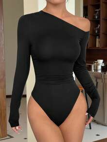 SHEIN EZwear 1pc Black Tight-Fitting One-Shoulder Long Sleeve Bodysuit, Simple & Fashionable For Casual Daily Wear - Black - View 3