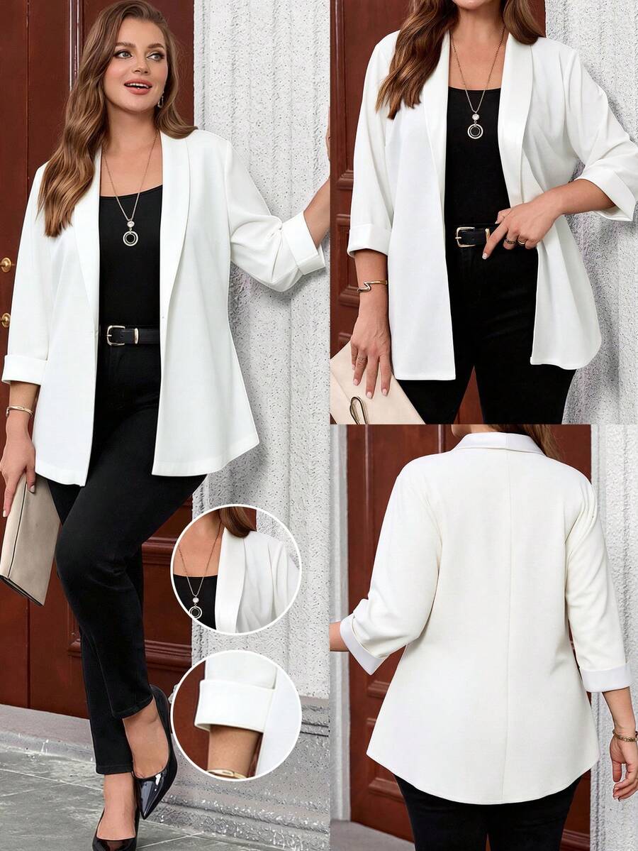 EMERY ROSE Plus Size Women's Casual Personalized Patchwork Leather Jacket, Spring/Autumn - White - View 1
