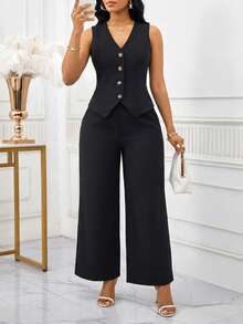 SHEIN Lady Bộ 2 món áo vest và quần dài màu trơn thanh lịch dành cho nữ - màu đen - Xem 3