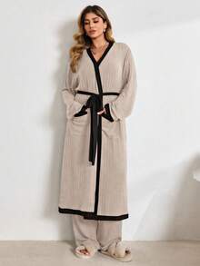 Lazeform Plus Size Contrast Color Robe & Cami Top & Pants Set, Fall & Winter Clothes Sleep Wear, Loose, Cozy Outfit