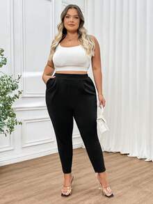 SHEIN CURVE+ Plus Size Elegant Occasion Commuting Skinny Pants, Versatile & Comfortable, Summer - Black - View 5