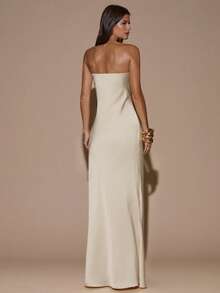 SHEIN BAE 秋冬季女士性感简约纯色奶油黄褶皱露背美人鱼连衣裙，适合派对、鸡尾酒会、正式场合、伴娘礼服、生日礼服、缎面长裙、圣诞节、宴会、商务休闲等场合。 - 杏色 - 查看 2