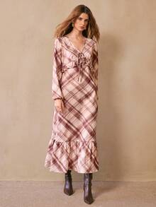Florisole 女士休闲格子荷叶边长袖连衣裙，适合度假穿着，格子连衣裙，方格连衣裙，系带连衣裙，秋季连衣裙 - 鏽棕色 - 查看 4