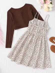 SHEIN Teen Girls 2-Piece Set: Brown Ribbed Knit Cardigan Jacket & Ditsy Floral Waist Tie Slip Dress, Vintage Casual Holiday Outfit - Multicolor - View 2