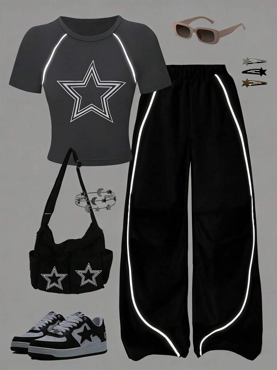 Sparklyn 两件套休闲T恤裤套装，适合青少年女孩，胸前白色星星印花，白色装饰抽绳，适合散步、购物、上学等场合，可搭配外套或背心。 - 深灰色 - 查看 1