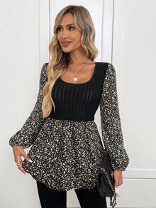 Easowa Áo nữ tay dài phối họa tiết hoa, kiểu dáng thường ngày, chất liệu gân nổi, màu đen, họa tiết hoa, kiểu peplum, tay phồng, thanh lịch, phong cách thường ngày. - màu đen - Xem 5