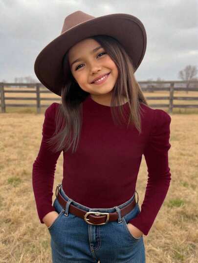 SHEIN Emery Rose Kids Young Girl Fitted Vintage Gigot Sleeve Mock Neck T-Shirt, Sport Style ,Great For Casual & Daily Wear & School Daily In Autumn & Winter, Cool Street Style, Daily Wear, School Daily,Halloween,Y2k, Casual & Cute, Vacation Cute Top