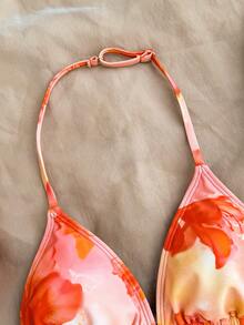 SHEIN Teen GirlElegant Printed Spaghetti Strap Bikini - Orange - View 8
