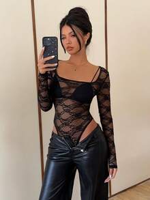 Siren Gaze Women's Leopard Print Crew Neck Long Sleeve Bodysuit - Black - View 1