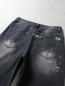 Manfinity Denimwave 街头风剪刀腿印花泼墨手绘小众设计水洗宽松阔腿牛仔裤 - 黑色 - 查看 6