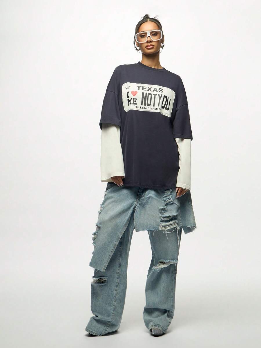 SUMWON 加大码复古水洗德州标语超大长袖叠层T恤，圆领 - 寶藍色 - 查看 1