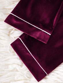 SHEIN 2件套女童/女士休闲舒适柔软韩版抓绒面料口袋爱心刺绣长袖长裤睡衣套装 - 紫色 - 查看 5