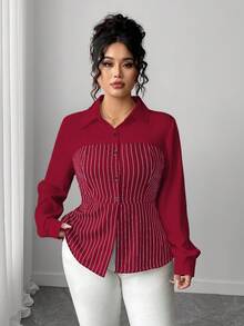 Elenzga 大码优雅办公/通勤单排扣条纹衬衫 - 紅色 - 查看 5