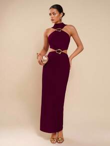 COSMINA 女士优雅镂空设计无袖连衣裙 - 酒紅色 - 查看 1