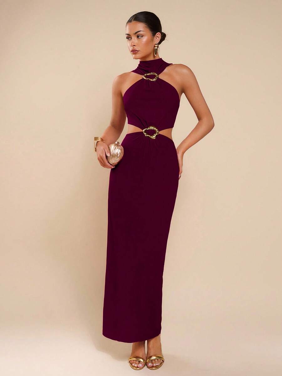 COSMINA 女士优雅镂空设计无袖连衣裙 - 酒紅色 - 查看 1