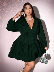 Viva Relle Plus Size Solid Color V-Neck Ruffle Hem Elegant Long Sleeve Dress,Valentine - Dark Green - View 7