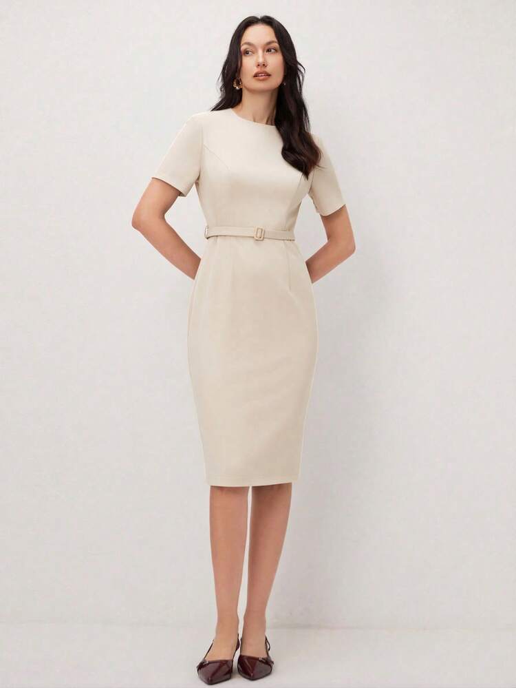beige dress knee length Elegant Beige Short Sleeve Midi Blazer Dress
