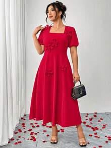 Elenzga Plus Size Women's Square Neck 3D Floral Elegant Dress With A-Line Silhouette, Suitable For Parties And Gatherings - Red - View 5
