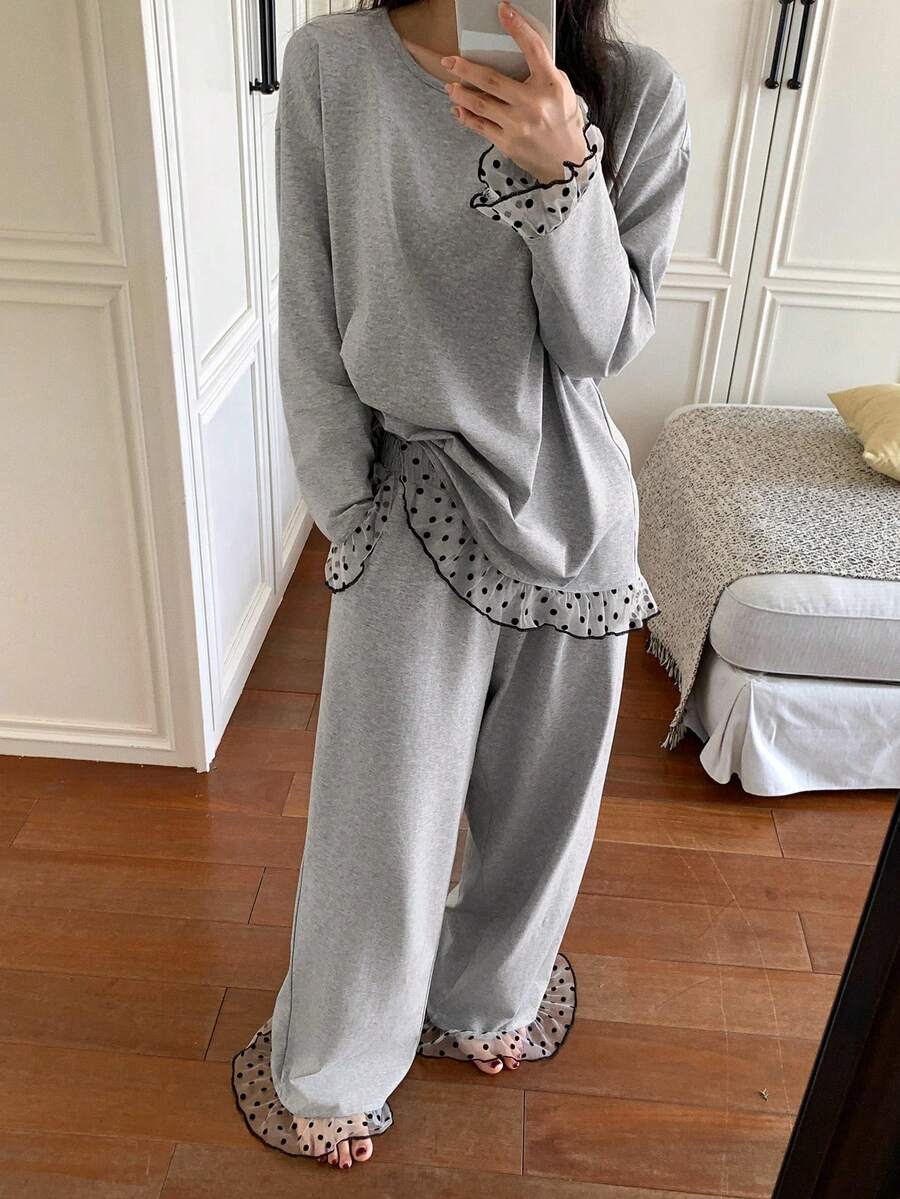 DAZY Bộ đồ ngủ ren lưới chấm bi dành cho nữ - Xám - Xem 1