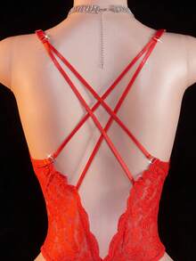 Floral Lace Criss Cross Teddy Bodysuit Lingerie Bridallingerie - Red - View 6