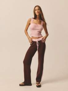 Aralina Women's Leisurewear Knitted Stripe Wide Leg Pant With Contrast Waistband Perfect For Activewear Outfits And Travel Outfits And Vacation Outfits