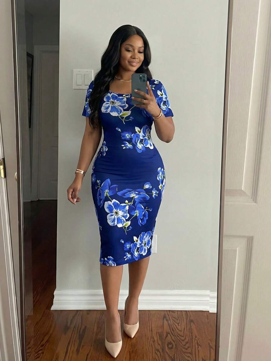 SHEIN Lady 印花紧身连衣裙 生日/活动礼服/办公礼服/教堂礼服/婚纱/度假礼服 沙滩裙 女士粉彩连衣裙 毕业礼服/白色毕业礼服/毕业套装 婚礼宾客礼服/新娘送礼会礼服 白色端庄连衣裙 女士牛仔套装/女士牛仔竞技套装/牛仔套装 波西米亚风/波西米亚女装/波西米亚风/波西米亚时尚大码连衣裙 - 藍色 - 查看 1