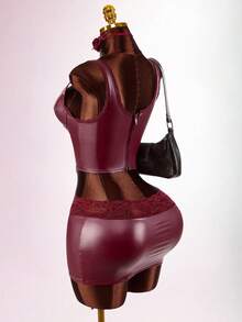 Amplova Bộ 2 món xương cá PU dành cho nữ: Áo hai dây & Chân váy ôm sát mini, Gợi cảm & Sang trọng, Thích hợp mặc mùa thu, Hàng ngày, Công sở, Tiệc năm mới - Màu Đỏ Sâu - Xem 10